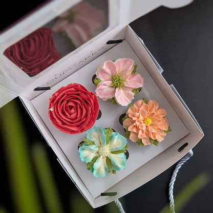 Box of 4 hand-piped floral buttercream cupcakes in assorted designs, 150 calories each, The Good Cupcakes Singapore