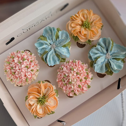 Floral Cupcakes Box of 6 (Luxury), hand-piped buttercream flowers in three designs, 150 calories each, The Good Cupcakes Singapore