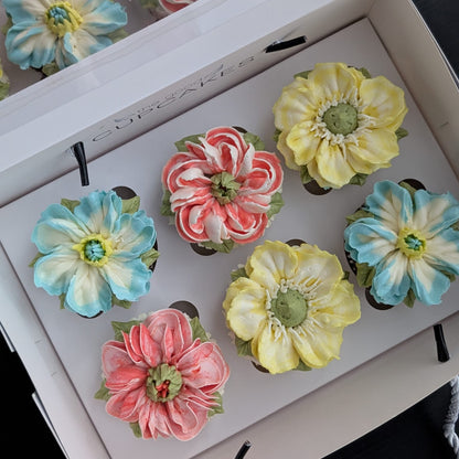 Floral Cupcakes Box of 6 (Luxury), hand-piped buttercream flowers in three designs, 150 calories each, The Good Cupcakes Singapore