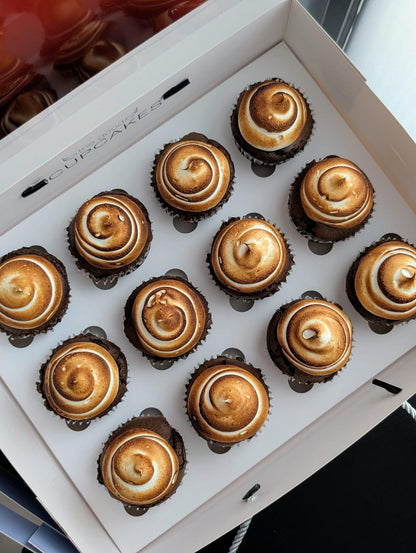 Box of 12 s'mores cupcakes with torched marshmallow swirl topping from The Good Cupcakes Singapore