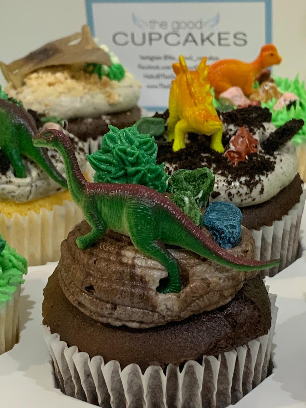 Dinosaur-themed cupcakes, hand-piped and hand-made with cookies and chocolate, no fondant, The Good Cupcakes Singapore
