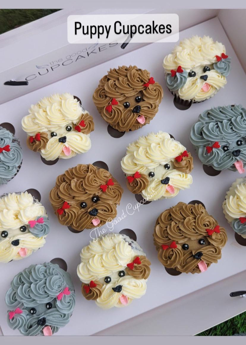 Custom puppy-themed cupcakes, hand-piped and hand-made with cookies and chocolate, no fondant, The Good Cupcakes Singapore