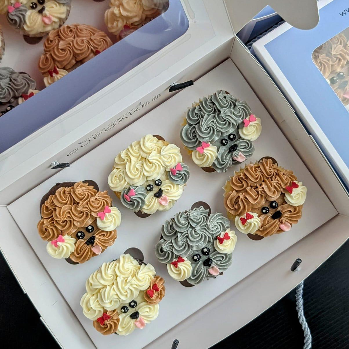 Custom puppy-themed cupcakes, hand-piped and hand-made with cookies and chocolate, no fondant, The Good Cupcakes Singapore