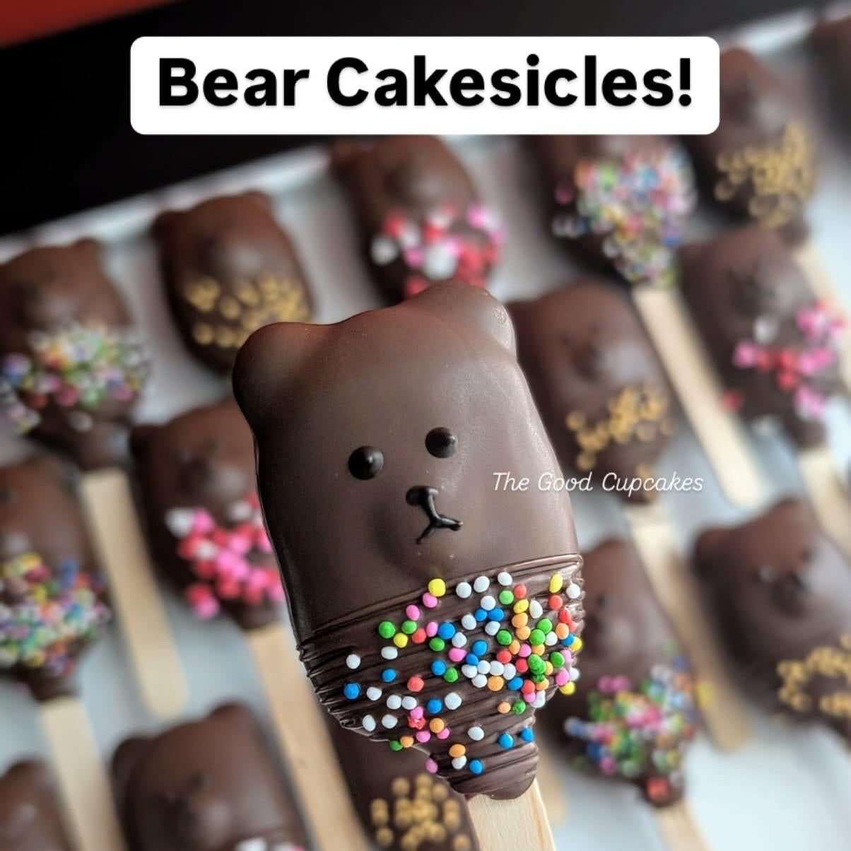 bear cakesicles - dark chocolate bears with heart & rainbow sprinkles