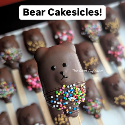 bear cakesicles - dark chocolate bears with heart & rainbow sprinkles