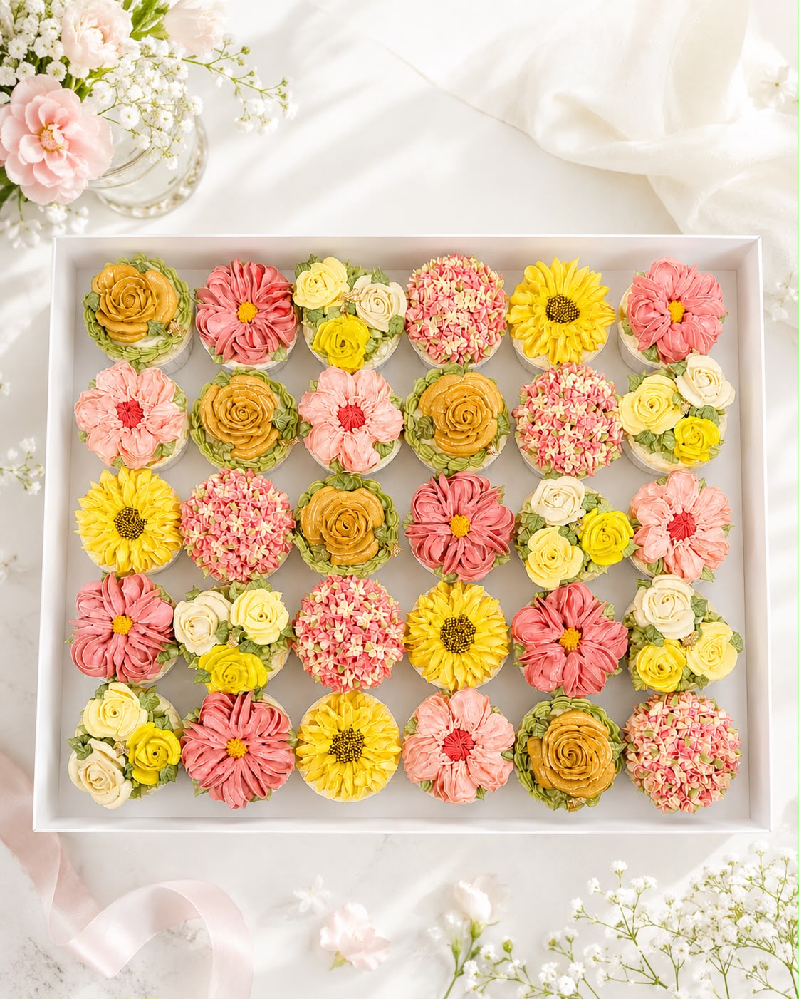 Bulk floral cupcake gift boxes for corporate events, hand-piped buttercream flowers, 150 calories each, The Good Cupcakes Singapore