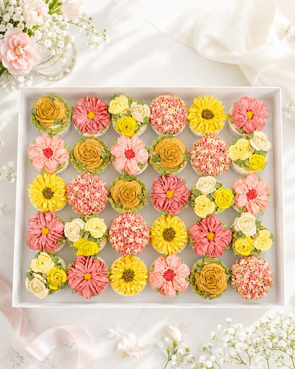 Bulk floral cupcake gift boxes for corporate events, hand-piped buttercream flowers, 150 calories each, The Good Cupcakes Singapore