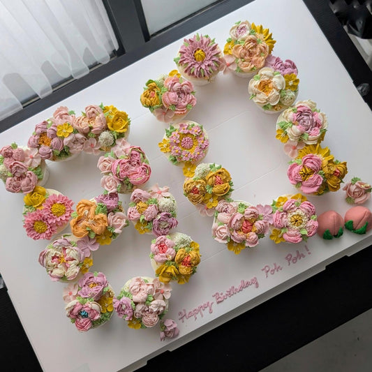 Personalised number cupcakes with floral piping, handmade floral decorations, no fondant, The Good Cupcakes Singapore