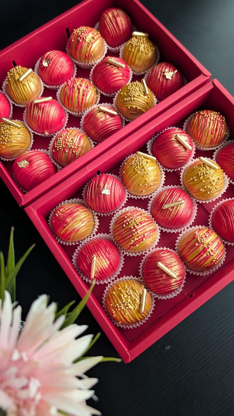 Cake truffles dipped in dark chocolate and decorated, low sugar low calorie, The Good Cupcakes Singapore