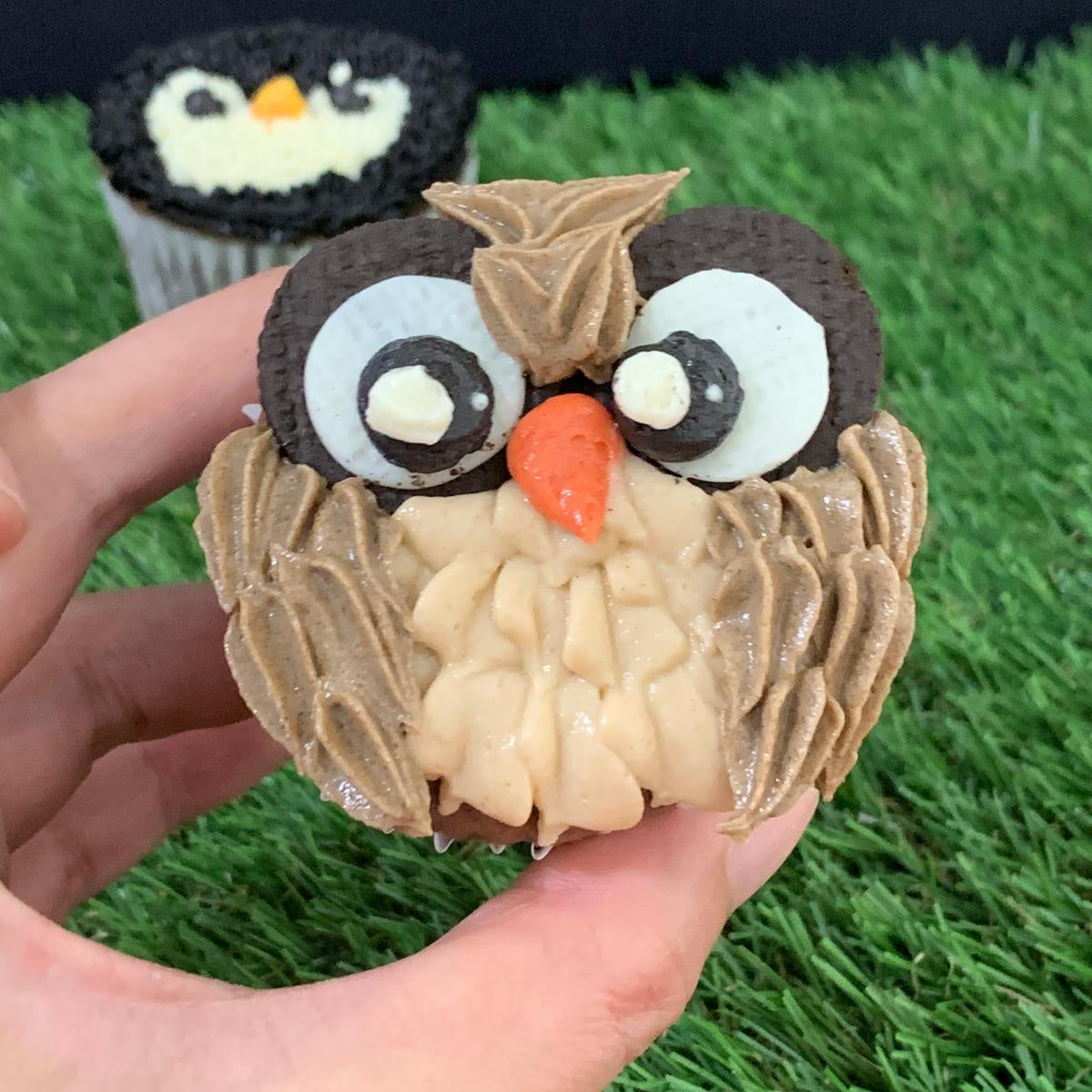A hand holding a decorated owl-shaped cupcake with brown and beige frosting, white eyes, and an orange beak by The Good Cupcakes Company