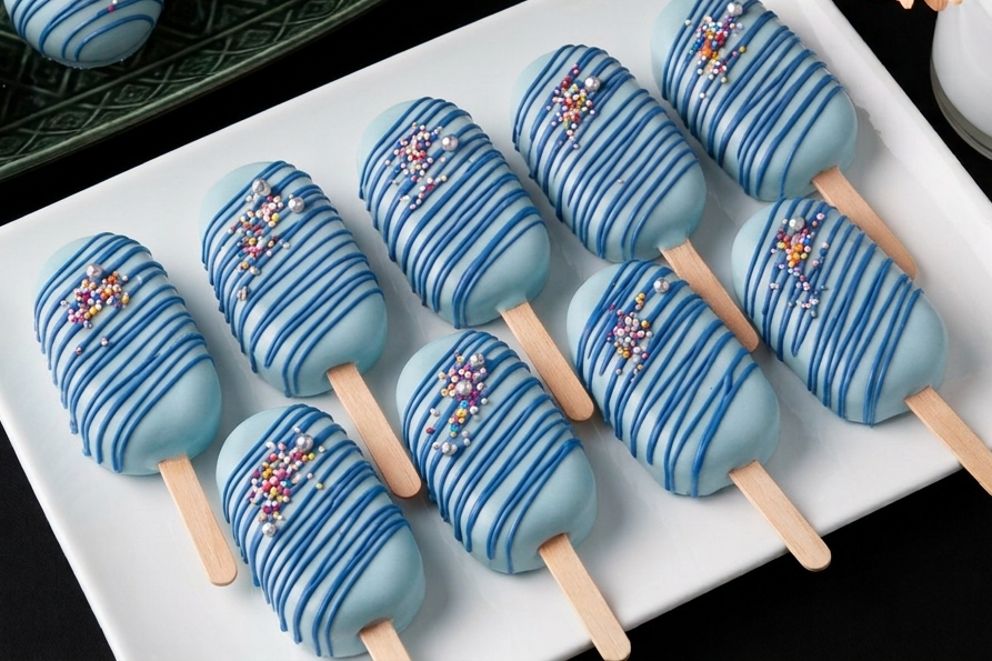 blue cakesicle — with dark blue overlay drizzles and sprinkles