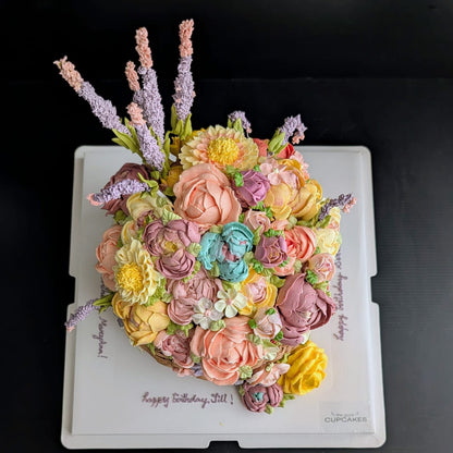 Floral basket cake with hand-piped buttercream peonies and lavender in wicker basket design, healthy low-sugar birthday cake Singapore