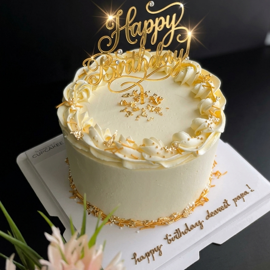 Elegant gold birthday cake with cream buttercream rosette border, gold leaf flakes, snowflake sprinkles and gold acrylic Happy Birthday topper, luxury celebration cake Singapore
