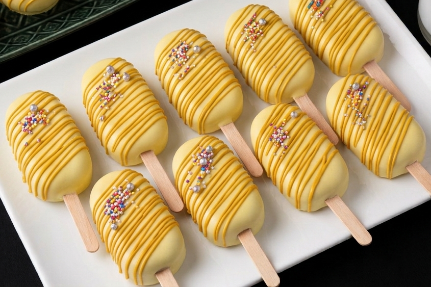 bright yellow cakesicle — with dark yellow overlay drizzles and sprinkles