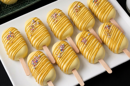 bright yellow cakesicle — with dark yellow overlay drizzles and sprinkles
